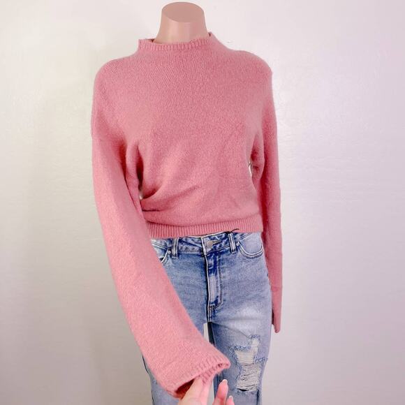 WAYF Mock Neck Tie Long Sleeve Pullover Soft Wool Sweater Blush Pink size XS NEW - Picture 1 of 12